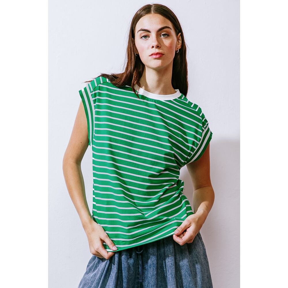 Flying Tomato Sample Driftwood Daydreams Green & White Stripe Knit Top S